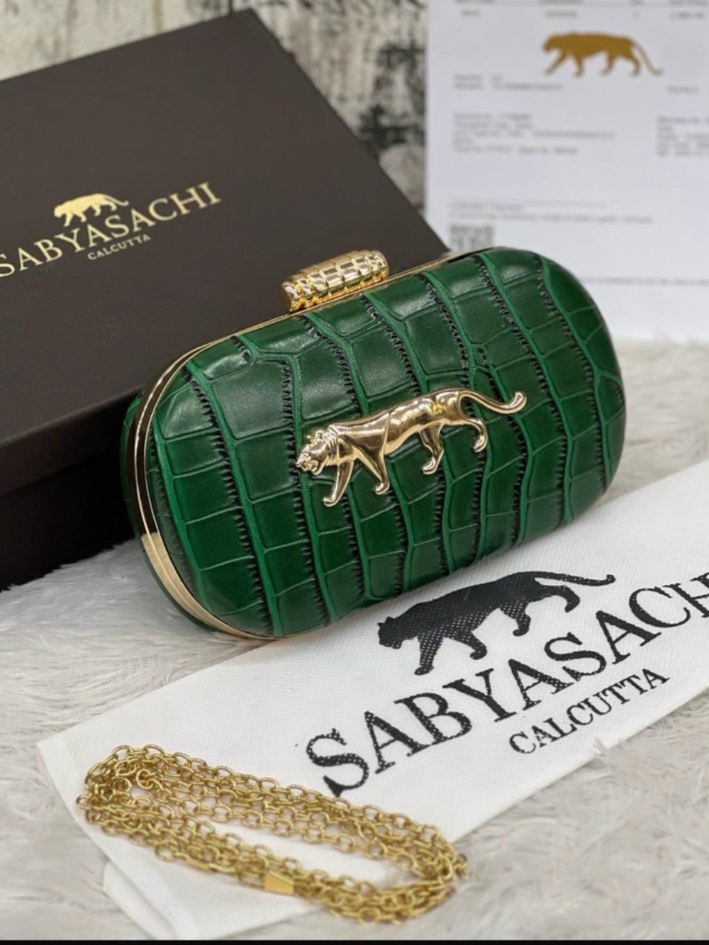 Sabyasachi Inspired Emerald Green Croc-Embossed Clutch with Gold Tiger Motif